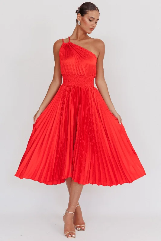 Midi dresses with gathered skirts for a full and flowing silhouette Calissa One Shoulder Pleated Midi Dress Red Midi dresses with gathered skirts for a full and flowing silhouette Calissa One Shoulder Pleated Midi Dress Red