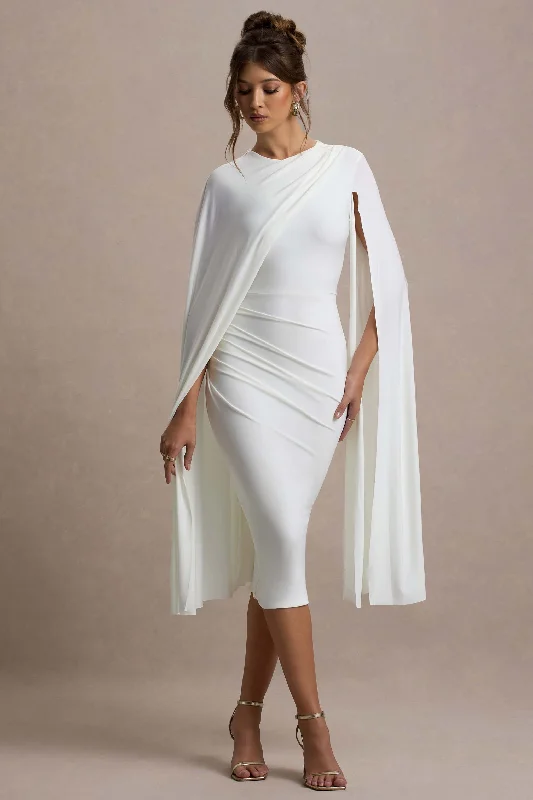 Midi dresses with ruched bodices for a feminine and fitted feel Marysol | White Asymmetric Cape Midi Dress Midi dresses with ruched bodices for a feminine and fitted feel Marysol | White Asymmetric Cape Midi Dress
