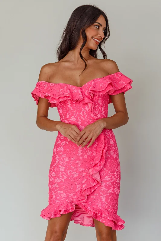 Midi dresses with button - front designs for a classic touch Rossi Off-Shoulder Double Ruffle Lace Dress Hot Pink Midi dresses with button - front designs for a classic touch Rossi Off-Shoulder Double Ruffle Lace Dress Hot Pink