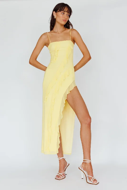 Midi dresses with abstract art prints for an artistic statement Catriona Split Ruffle Midi Dress Lemon Midi dresses with abstract art prints for an artistic statement Catriona Split Ruffle Midi Dress Lemon