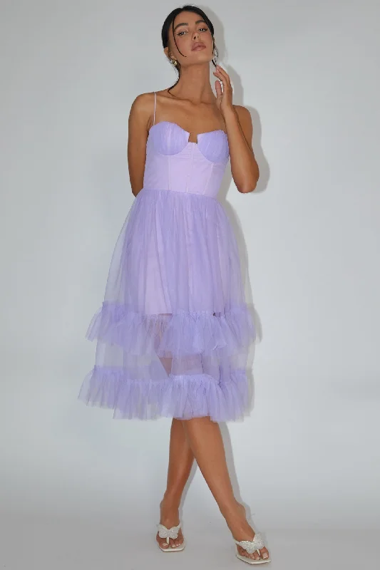 Midi dresses with pom - pom trims for a playful and festive look Moonlight Sonata Ruffle Mesh Midi Dress Lilac Midi dresses with pom - pom trims for a playful and festive look Moonlight Sonata Ruffle Mesh Midi Dress Lilac