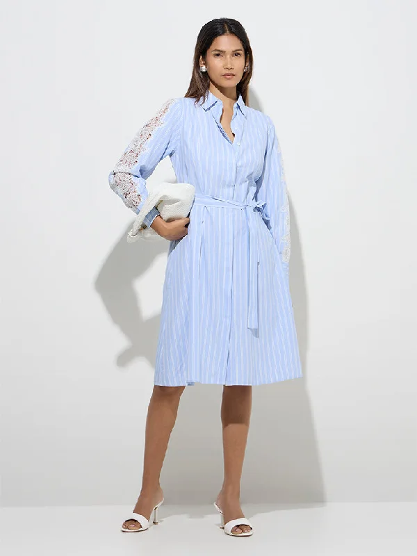 Mini dresses with pleated skirts for a classic look Wardrobe Light Blue Stripe Printed Shirt Dress Mini dresses with pleated skirts for a classic look Wardrobe Light Blue Stripe Printed Shirt Dress