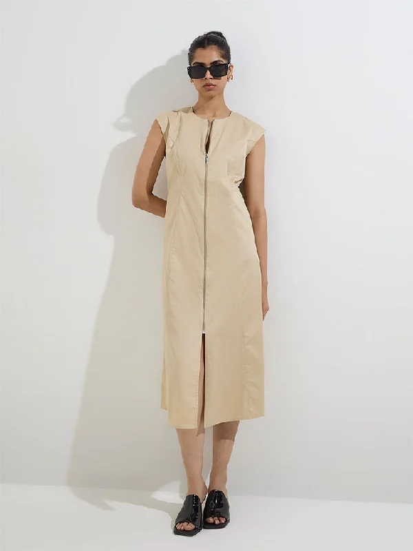 Mini dresses with ribbed textures for a unique appearance Wardrobe Beige Solid Cotton Straight Dress Mini dresses with ribbed textures for a unique appearance Wardrobe Beige Solid Cotton Straight Dress