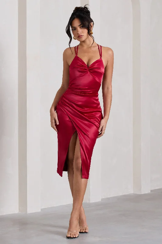 Midi dresses with cotton - blend materials for everyday comfort Penelope | Red Satin Twist Front Strappy Midi Dress Midi dresses with cotton - blend materials for everyday comfort Penelope | Red Satin Twist Front Strappy Midi Dress
