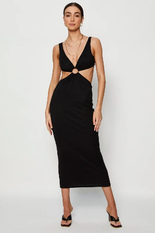 Midi dresses with satin - finish fabrics for a luxurious feel Black Midi Dress Ribbed Cut Out Midi dresses with satin - finish fabrics for a luxurious feel Black Midi Dress Ribbed Cut Out