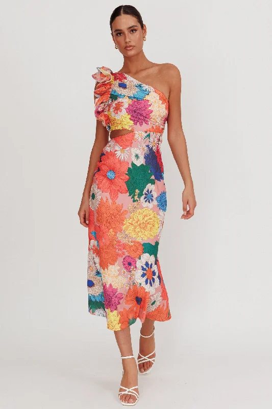 Plaid midi dresses for a fall - themed family gathering Deanna One-Shoulder Ruffle Floral Maxi Dress Orange Plaid midi dresses for a fall - themed family gathering Deanna One-Shoulder Ruffle Floral Maxi Dress Orange
