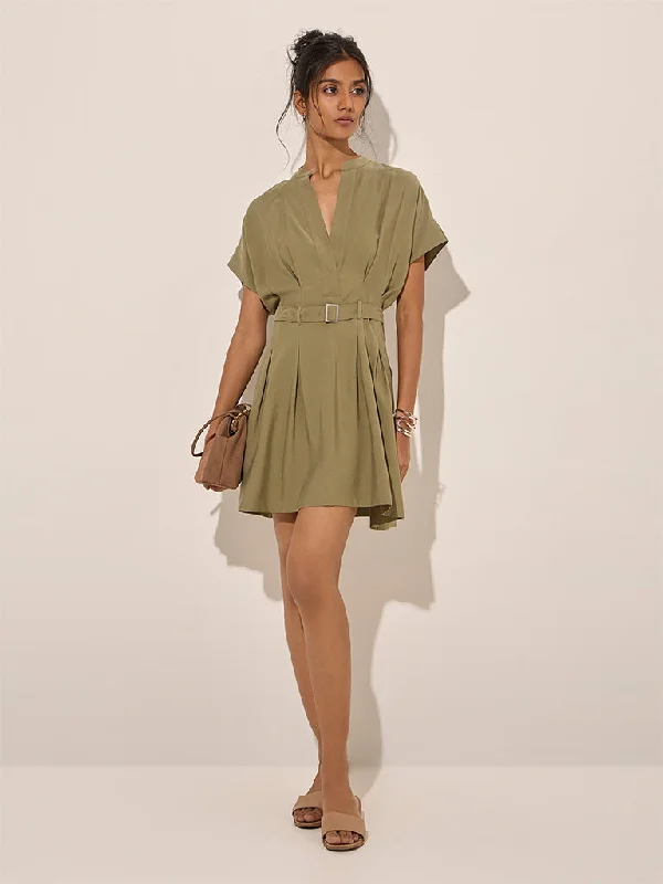 Mini dresses with pom - pom trims for a playful feel LOV Olive Solid A-Line Dress with Belt