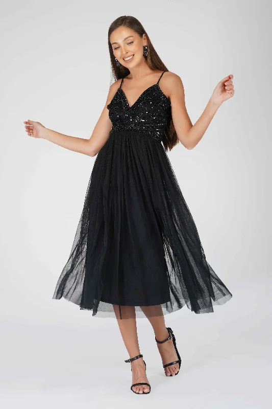 Midi dresses with one - shoulder designs for a modern and asymmetric style Ruhi Embellished Midi Dress in Black Midi dresses with one - shoulder designs for a modern and asymmetric style Ruhi Embellished Midi Dress in Black