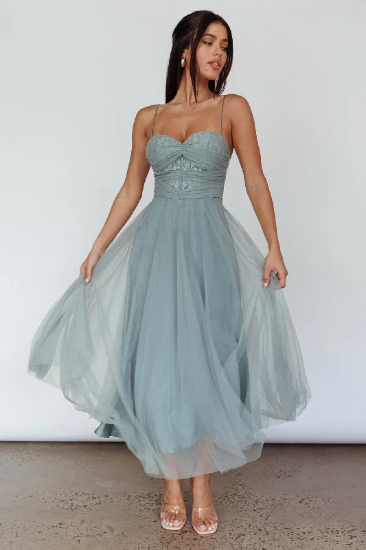 Midi dresses with empire waists for a flattering maternity option Smitten Lace Insert Tulle Midi Dress Sage Midi dresses with empire waists for a flattering maternity option Smitten Lace Insert Tulle Midi Dress Sage
