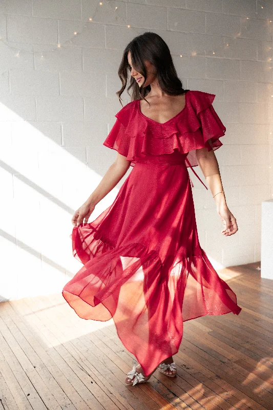 Midi dresses with ruffled hems for a romantic date night Merida Midi Dress - Red