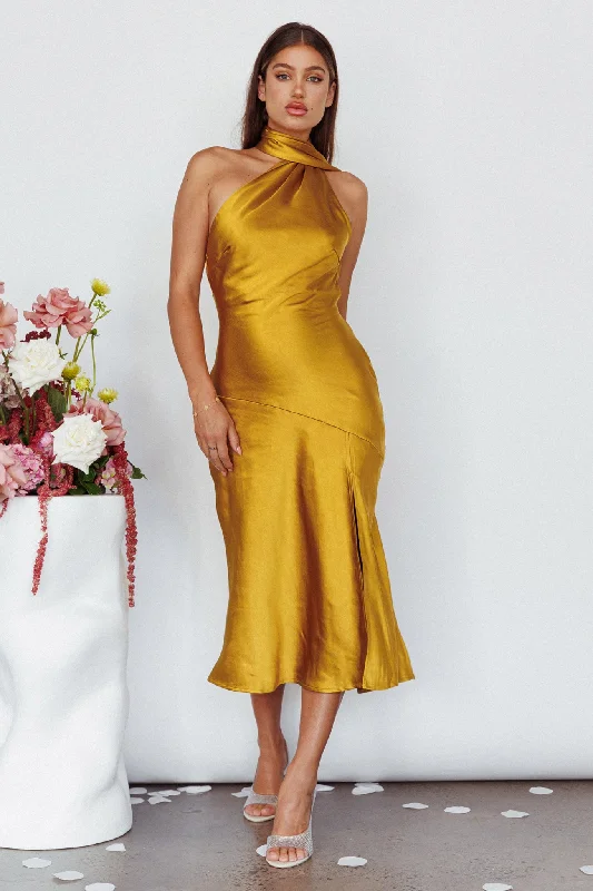 Midi dresses with gathered skirts for a full and flowing silhouette Italian Summer Tie Neck Midi Dress Mustard