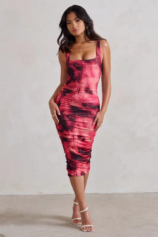 Midi dresses with asymmetric hems for a fashion - forward and dynamic appearance Lisbon | Pink Printed Square Neck Ruched Midi Dress Midi dresses with asymmetric hems for a fashion - forward and dynamic appearance Lisbon | Pink Printed Square Neck Ruched Midi Dress