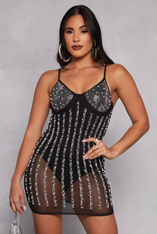 Mini dresses with off - the - shoulder styles Mesh Rhinestone Faux Pearl Bustier Dress Mini dresses with off - the - shoulder styles Mesh Rhinestone Faux Pearl Bustier Dress