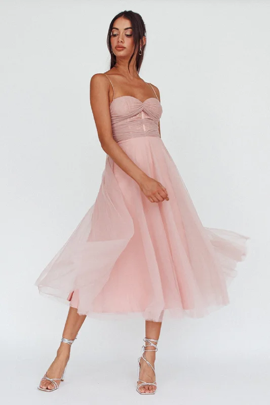 Sleeveless midi dresses with lace details for summer weddings Smitten Lace Insert Tulle Midi Dress Blush