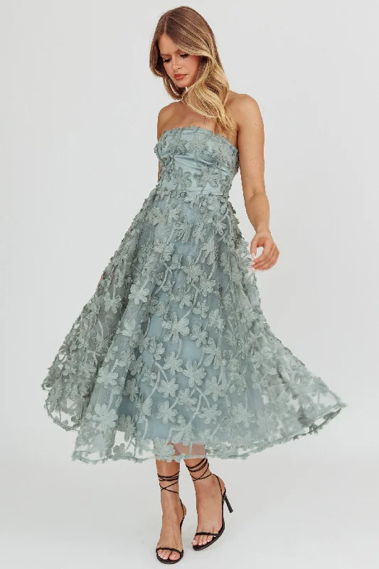 Midi dresses with belted waists to accentuate the figure Dori Floral Embellished Midi Dress Sage Midi dresses with belted waists to accentuate the figure Dori Floral Embellished Midi Dress Sage