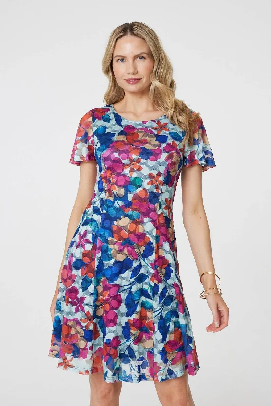 Denim mini dresses with distressed details Floral Layered Angel Sleeve Short Dress