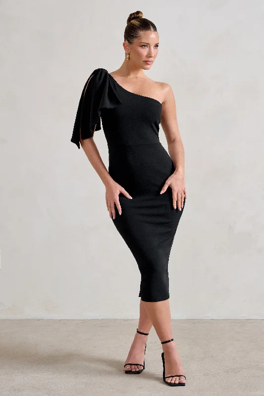 Midi dresses with lace - up fronts for a unique and adjustable style Samantha | Black One Shoulder Bow Detail Midi Dress Midi dresses with lace - up fronts for a unique and adjustable style Samantha | Black One Shoulder Bow Detail Midi Dress