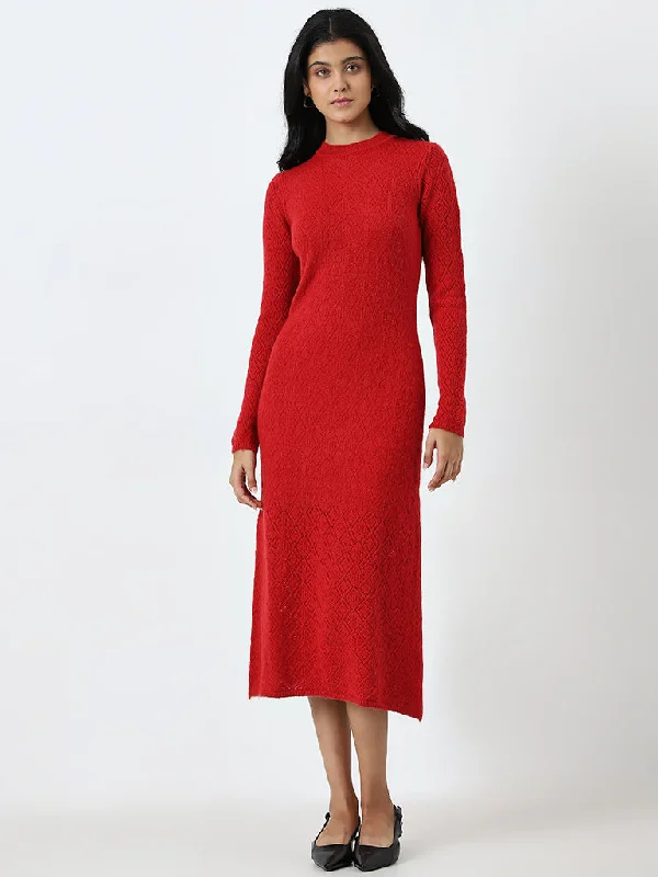 Mini dresses with keyhole necklines LOV Red Knit-Textured Straight Dress