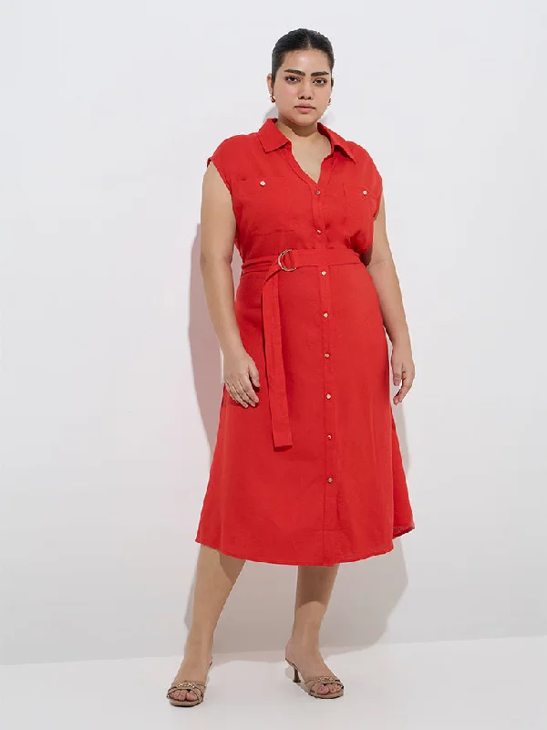 Mini dresses with keyhole necklines Gia Red Solid Linen-Blend Shirt Dress with Belt