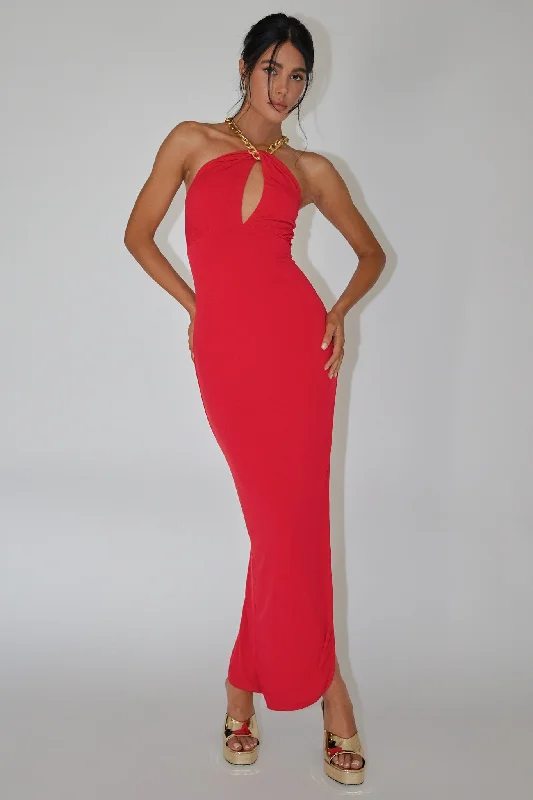 Midi dresses with printed lining for a hidden and stylish detail Slow Dance Chain Halter Midi Dress Red Midi dresses with printed lining for a hidden and stylish detail Slow Dance Chain Halter Midi Dress Red