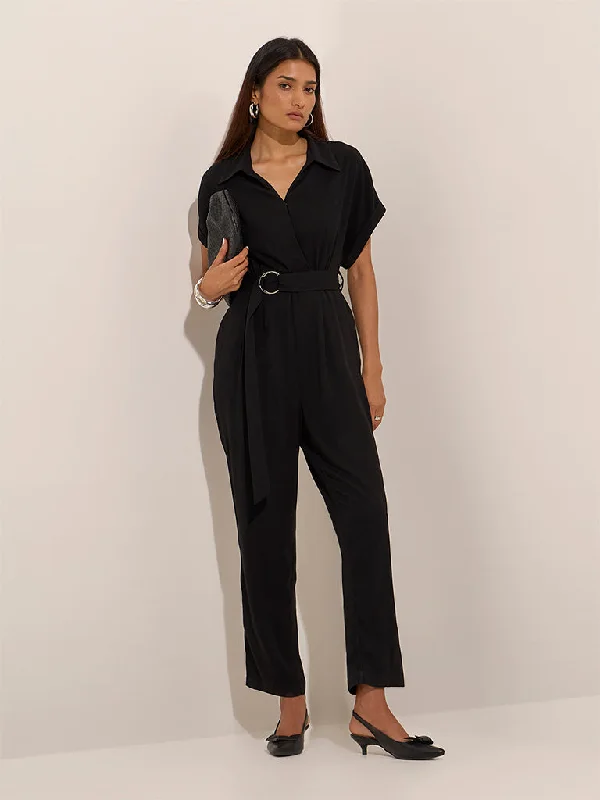 Mini dresses with cold - shoulder designs Wardrobe Black Solid Jumpsuit with Belt