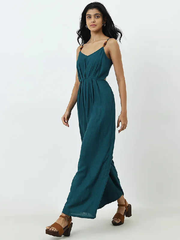 Mini dresses with wrap - around styles LOV Teal Solid Linen-Blend Jumpsuit
