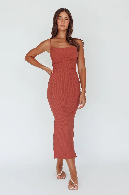 Midi dresses with ribbed textures for a unique and tactile appearance Frieda Cowl Neck Side Split Ribbed Midi Dress Rust Midi dresses with ribbed textures for a unique and tactile appearance Frieda Cowl Neck Side Split Ribbed Midi Dress Rust