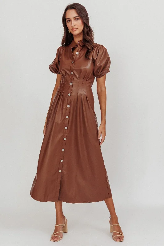 Midi dresses with pom - pom trims for a playful and festive look Zurich A-line Puff Sleeve Midi Dress Chocolate Midi dresses with pom - pom trims for a playful and festive look Zurich A-line Puff Sleeve Midi Dress Chocolate