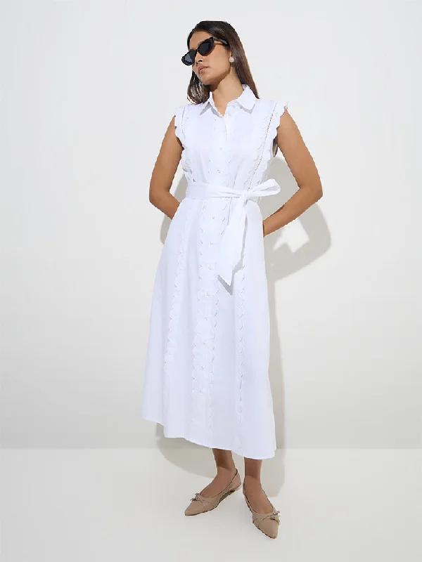 Floral print mini dresses for summer parties Wardrobe White Scallop-Detail Cotton A-Line Dress with Belt Floral print mini dresses for summer parties Wardrobe White Scallop-Detail Cotton A-Line Dress with Belt