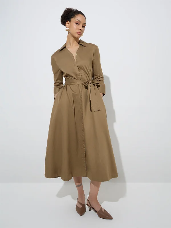 Mini dresses with belted waists for a defined silhouette Wardrobe Khaki Cotton Shirt Dress with Belt Mini dresses with belted waists for a defined silhouette Wardrobe Khaki Cotton Shirt Dress with Belt