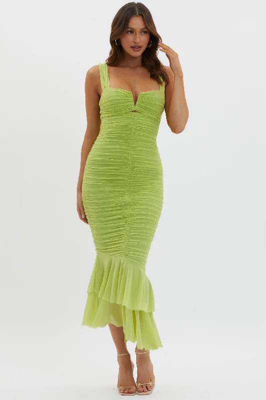 Midi dresses with button - front designs for a classic touch Nadia Ruched Fishtail Maxi Dress Lime Midi dresses with button - front designs for a classic touch Nadia Ruched Fishtail Maxi Dress Lime