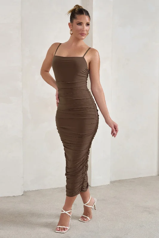 A - line midi dresses with floral prints for spring brunches Saffy | Brown Cami Mesh Ruched Midi Dress A - line midi dresses with floral prints for spring brunches Saffy | Brown Cami Mesh Ruched Midi Dress