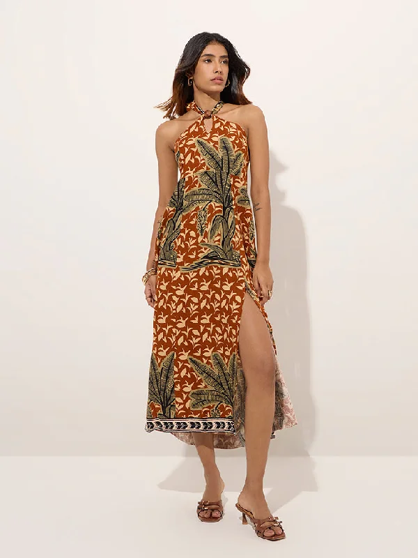 Polyester mini dresses for easy care LOV Brown Tropical Printed A-Line Dress