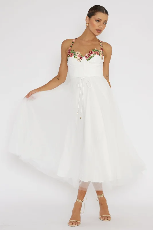 Midi dresses with puff sleeves for a vintage - inspired look Smitten Sweetheart Neckline Floral Trim Dress White Midi dresses with puff sleeves for a vintage - inspired look Smitten Sweetheart Neckline Floral Trim Dress White
