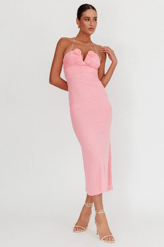 Midi dresses with button - front designs for a classic touch Elderberry Bodycon Halter Neck Midi Dress Pink