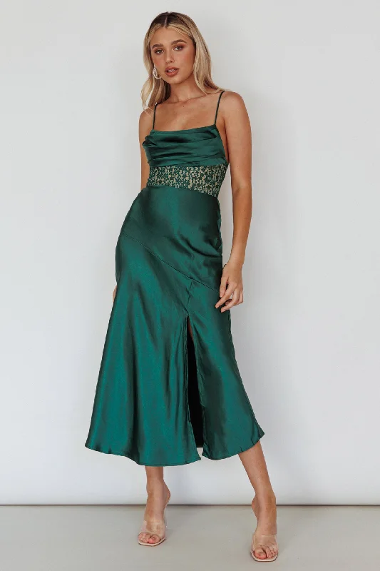 Midi dresses with metallic threads for a glamorous evening event Golden Era Cowl Neck Lace Waist Midi Dress Jade Midi dresses with metallic threads for a glamorous evening event Golden Era Cowl Neck Lace Waist Midi Dress Jade