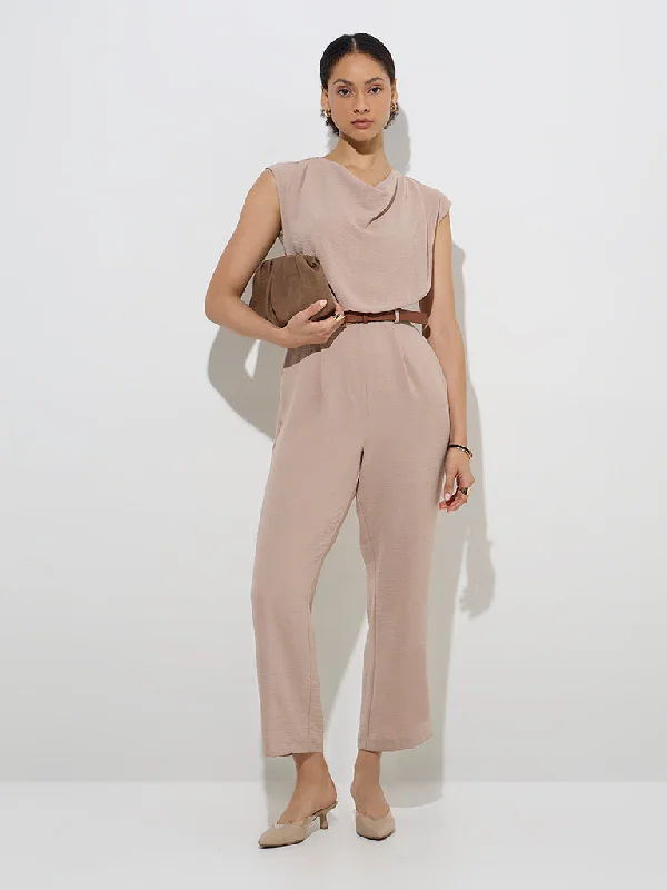 Mini dresses with pom - pom trims for a playful feel Wardrobe Beige Self-Textured Jumpsuit with Belt Mini dresses with pom - pom trims for a playful feel Wardrobe Beige Self-Textured Jumpsuit with Belt