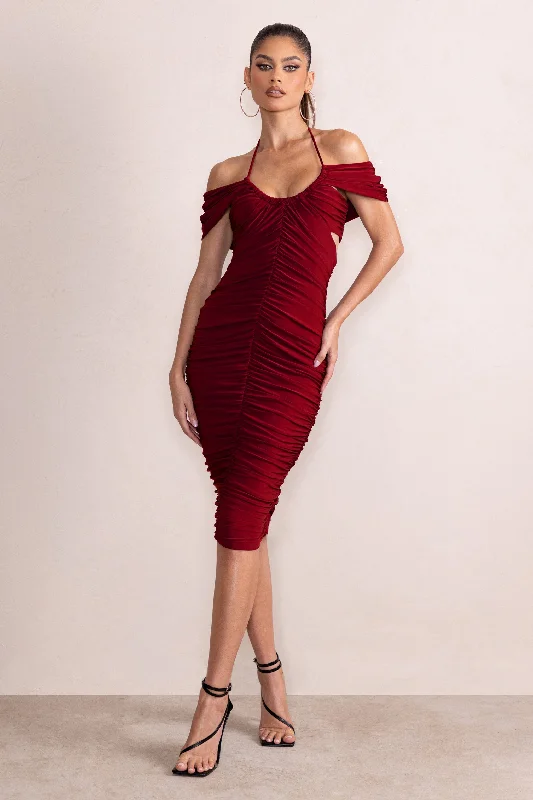 Midi dresses with embroidered accents for a unique and detailed design Dulcie | Burgundy Halter Neck Cut Out Ruched Midi Dress Midi dresses with embroidered accents for a unique and detailed design Dulcie | Burgundy Halter Neck Cut Out Ruched Midi Dress