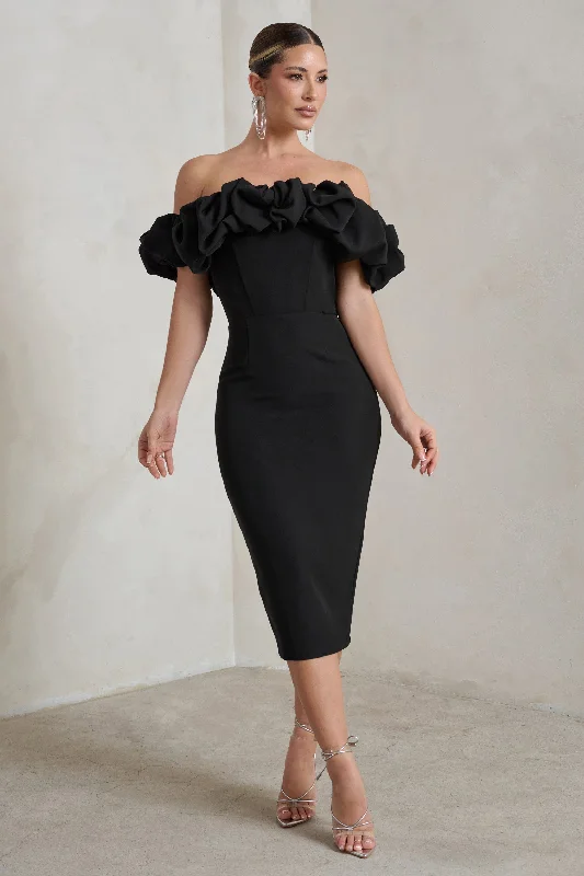 Velvet midi dresses in jewel tones for a glamorous winter event Estie | Black Structured Statement Bardot Midi Dress Velvet midi dresses in jewel tones for a glamorous winter event Estie | Black Structured Statement Bardot Midi Dress
