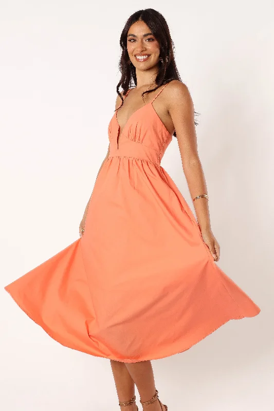 Midi dresses with ruffled sleeves for a more feminine and voluminous look Noira Midi Dress - Apricot Midi dresses with ruffled sleeves for a more feminine and voluminous look Noira Midi Dress - Apricot