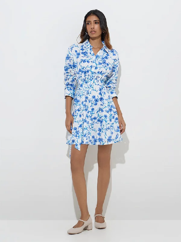 Mini dresses with geometric prints for a modern aesthetic LOV Blue Floral Pattern Cotton Shirt Dress with Belt Mini dresses with geometric prints for a modern aesthetic LOV Blue Floral Pattern Cotton Shirt Dress with Belt
