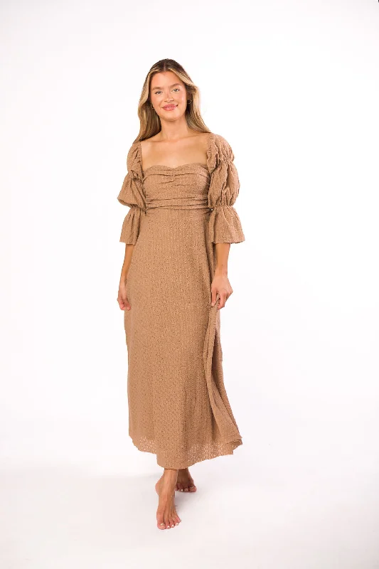 Midi dresses with ruched sleeves for a more fitted and stylish arm look Corrine Tiered Sleeve Maxi Dress with Pockets in Caramel Taupe - Bump Friendly Midi dresses with ruched sleeves for a more fitted and stylish arm look Corrine Tiered Sleeve Maxi Dress with Pockets in Caramel Taupe - Bump Friendly
