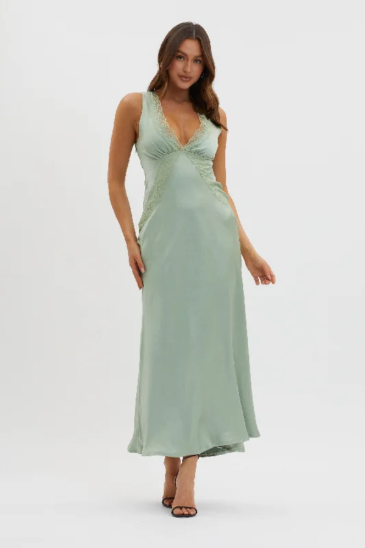 Midi dresses with patchwork patterns for a one - of - a - kind style Ivonne Lace Trim V-Neck Maxi Dress Sage Midi dresses with patchwork patterns for a one - of - a - kind style Ivonne Lace Trim V-Neck Maxi Dress Sage