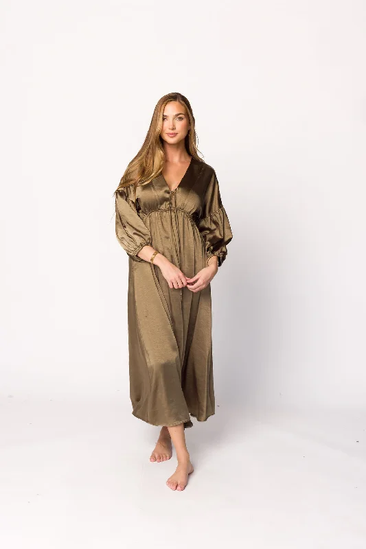 Midi dresses with fringe details for a fun and energetic style Hunter Premium *Satin* Midi Dress in Tapenade - Bump Friendly Midi dresses with fringe details for a fun and energetic style Hunter Premium *Satin* Midi Dress in Tapenade - Bump Friendly