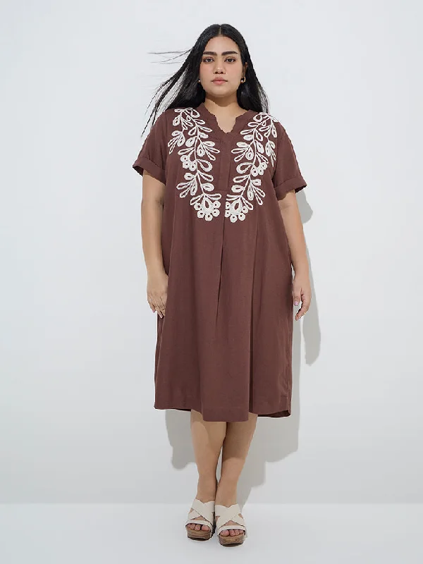 Mini dresses with wrap - around styles Gia Brown Floral Embroidered Cotton-Blend Straight Dress Mini dresses with wrap - around styles Gia Brown Floral Embroidered Cotton-Blend Straight Dress