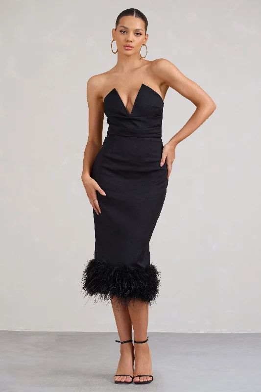 Midi dresses with one - shoulder designs for a modern and asymmetric style Kensington | Black Bodycon Midi Dress With Statement Feather Trim