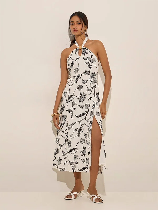 Polyester mini dresses for easy care LOV White Floral Design Linen-Blend A-Line Dress Polyester mini dresses for easy care LOV White Floral Design Linen-Blend A-Line Dress