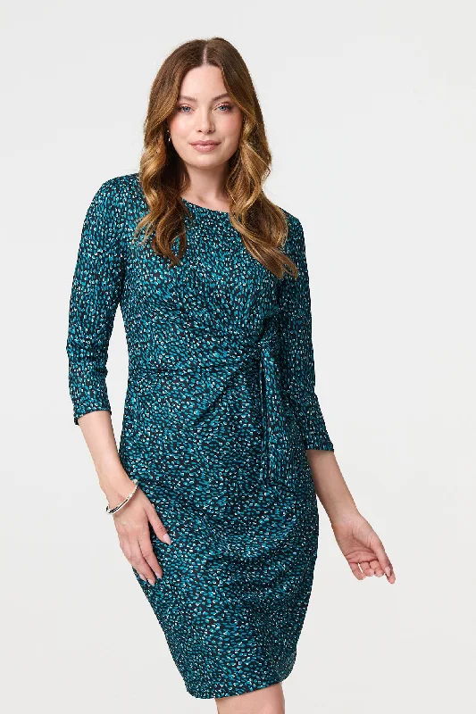 Mini dresses with polka dot patterns Animal Print Knot 3/4 Sleeve Short Dress