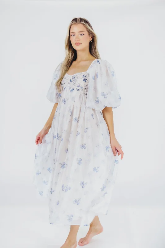 Midi dresses with ruffled sleeves for a more feminine and voluminous look Harlow Maxi Dress in Muted Blue Floral - Bump Friendly & Inclusive Sizing (S-3XL) Midi dresses with ruffled sleeves for a more feminine and voluminous look Harlow Maxi Dress in Muted Blue Floral - Bump Friendly & Inclusive Sizing (S-3XL)