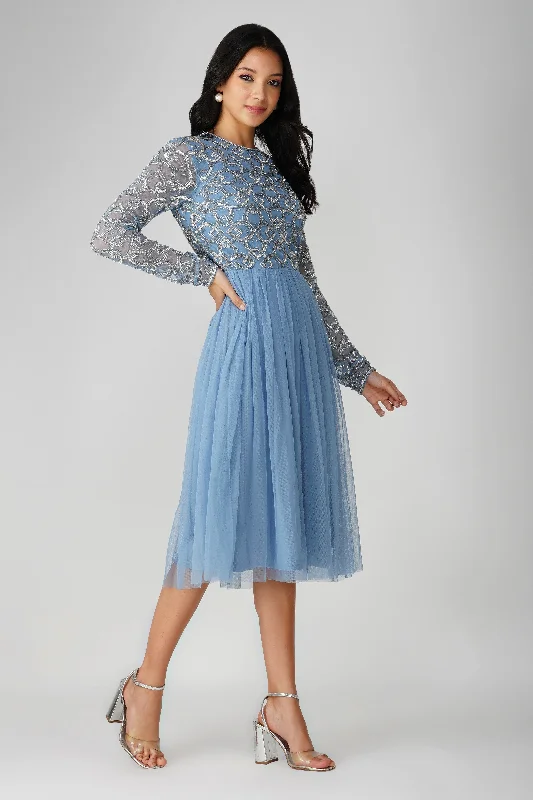 Midi dresses with lace - up fronts for a unique and adjustable style Mandarin Embellished Midi Dress in Powder Blue